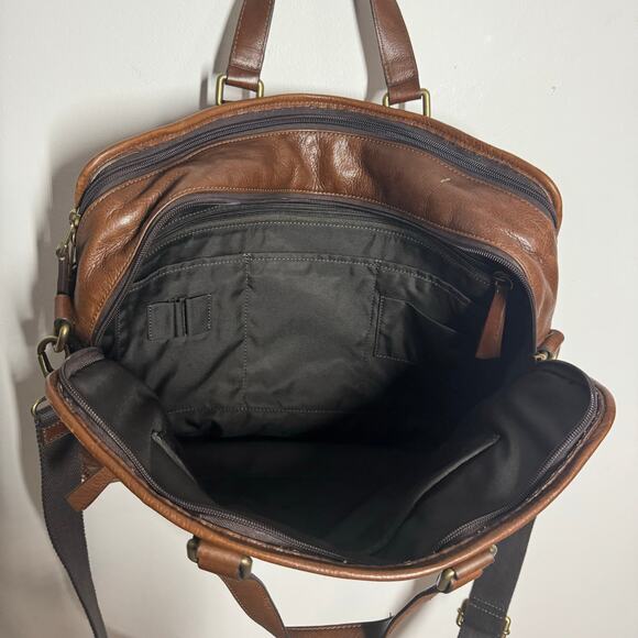 Fossil Briefcase Genuine Smooth Cognac Brown Leather Pocket Zip Office Career - Picture 7 of 11
